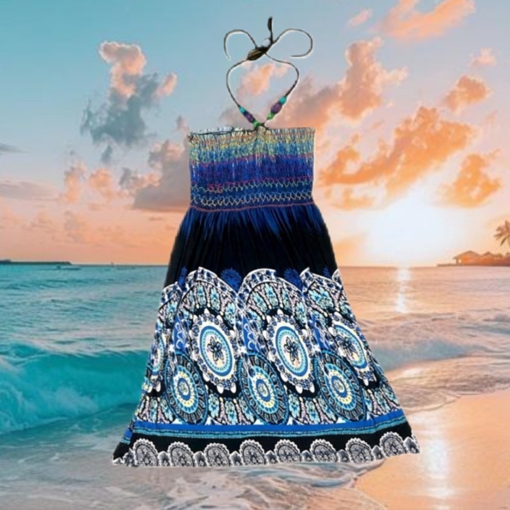 ❤️2/$15 Bohemian Halter Bead Straps Beach Mini Dress vacation boho chic